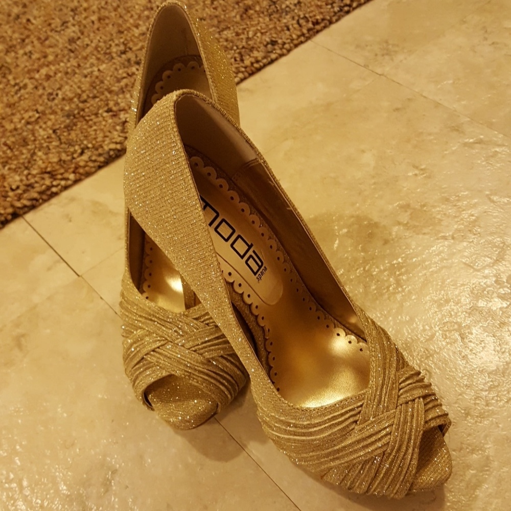 Gold peep-toe heels